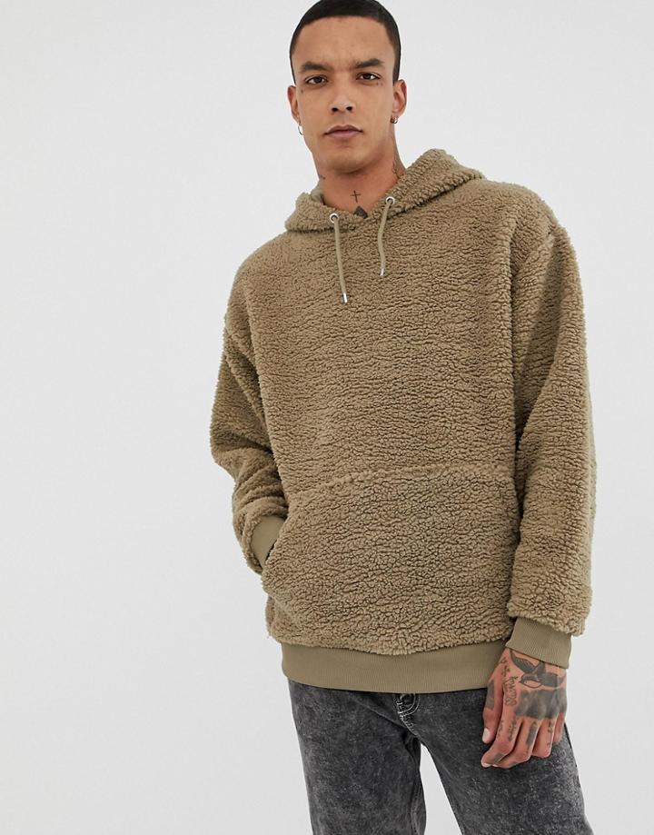 Asos Design Oversized Hoodie In Beige Borg - Beige