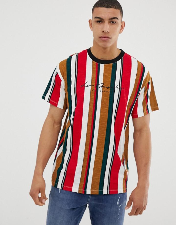 New Look Oversized Vertical Stripe T-shirt With La Print - Red