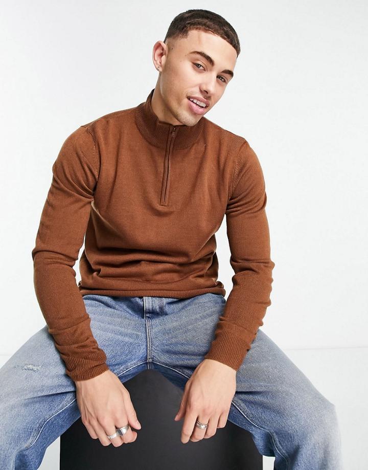 Threadbare Soft Touch Quarter Zip Funnel Neck Sweater In Auburn-brown