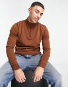 Threadbare Soft Touch Quarter Zip Funnel Neck Sweater In Auburn-brown