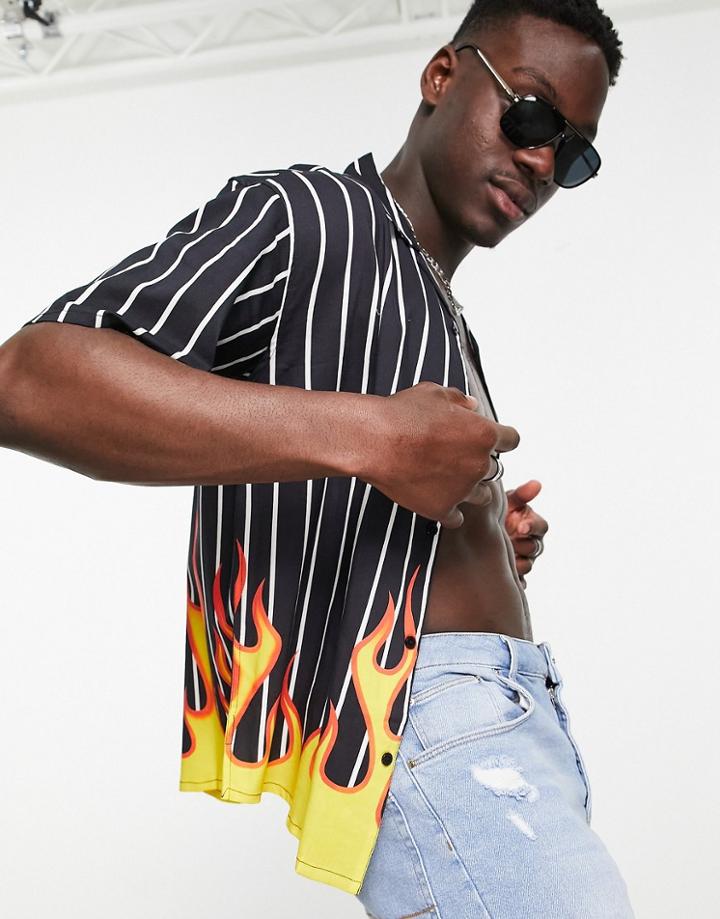 Mennace Revere Collared Shirt In Black With White Vertical Stripes And Flame Print