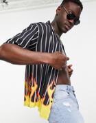 Mennace Revere Collared Shirt In Black With White Vertical Stripes And Flame Print