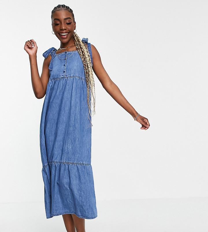 Asos Design Tall Soft Denim Tiered Midi Dress In Midwash-blues