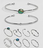 Asos Design Curve Exclusive Pack Of 10 Stone Cuff Bracelets And Rings - Silver
