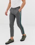 Moss London Slim Pants With Green Side Stripe In Gray Check - Gray