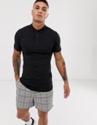Asos Design Muscle Fit Longline Polo In Black - Black
