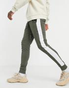 Asos Design Skinny Sweatpants With Side Stripe In Khaki-green