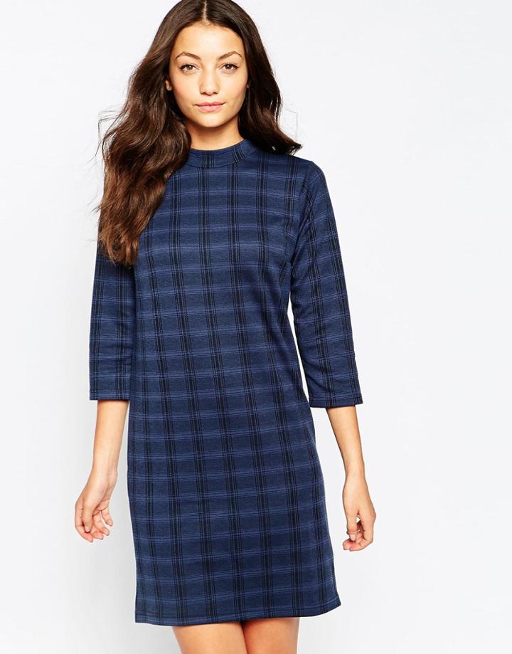 Ichi High Neck Checked Shift Dress - Navy