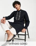 Asos Design Kurta Longline Linen Mix Shirt With Hand Embellishment In Black
