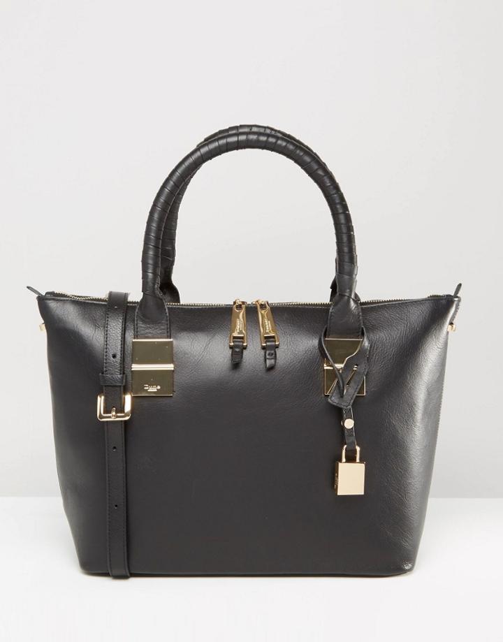 Dune Tote Bag With Metal Detail - Black Leather