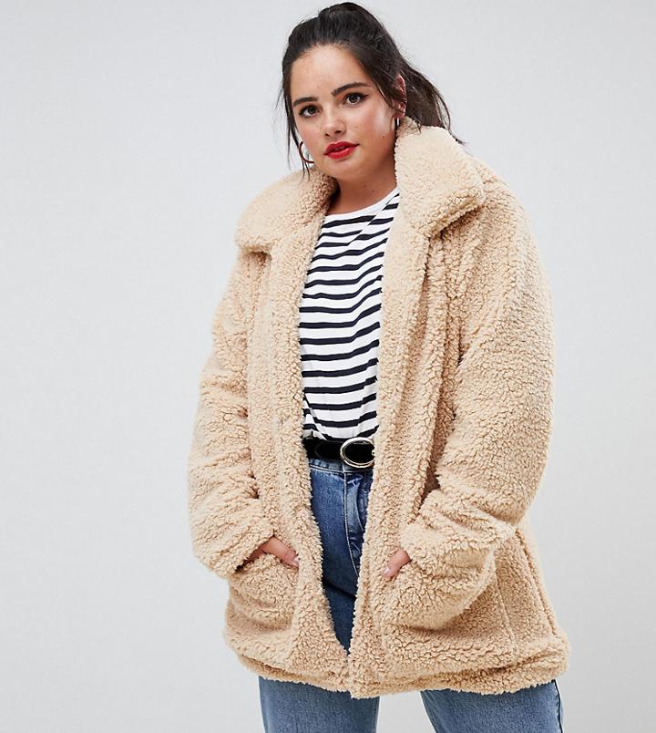 Brave Soul Plus Heavenly Coat In Curly Faux Fur - Cream