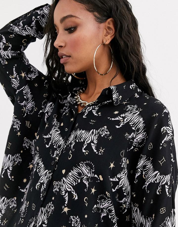 Asos Design Long Sleeve Cropped Shirt In Monogram Tiger Print