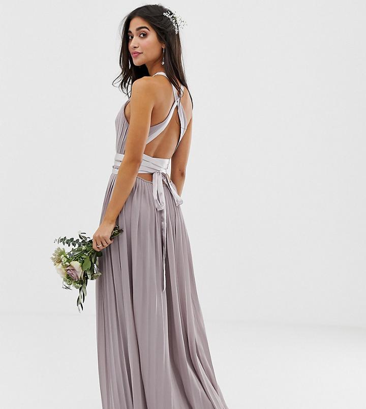 Tfnc Petite Pleated Maxi Bridesmaid Dress With Cross Back And Bow Detail In Gray