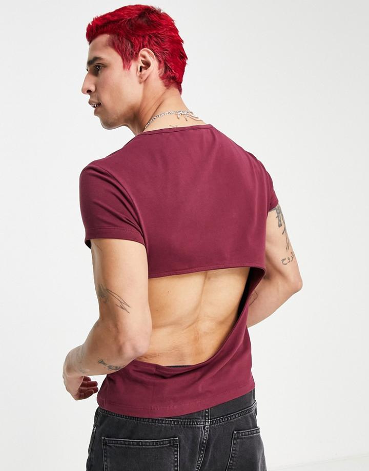 Asos Design Muscle Fit T-shirt With Side Cut Out In Burgundy-red