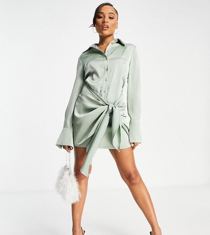 Aria Cove Collar Detail Button Through Shirt Dress In Sage-green