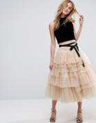 Asos Tulle Midi Skirt With Tiers And Tie Waist Detail - Pink