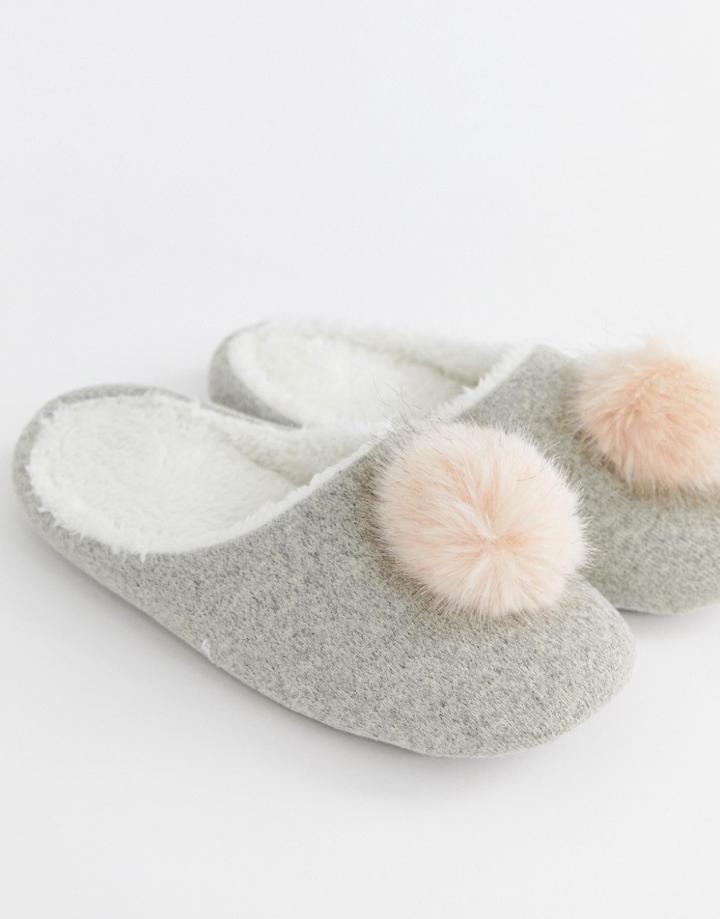 Women'secret Fluffy Pom Pom Slippers In Gray - Gray
