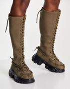 Asos Design Crafty Chunky Canvas Lace Up Boots In Khaki-green