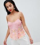 Lost Ink Petite Cami Top With Embroidered Detail In Lace Mix - Pink