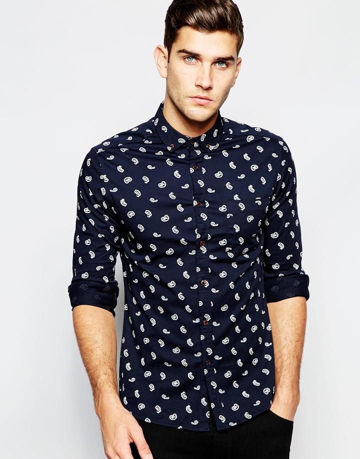 Asos Skinny Shirt With Paisley Print In Long Sleeve - Navy