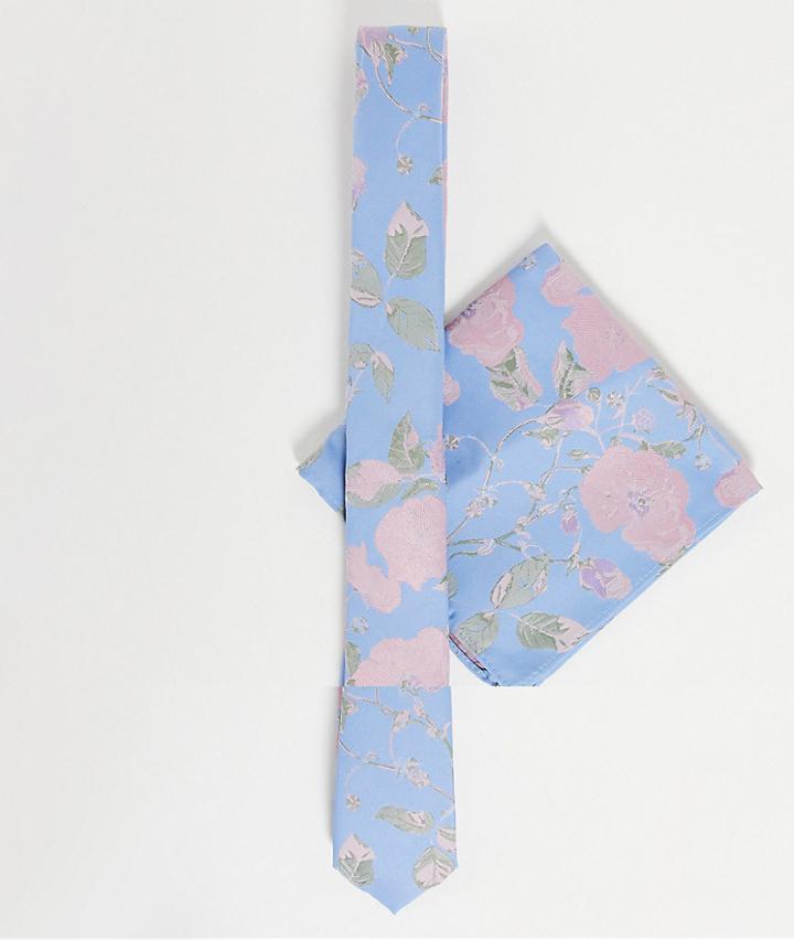 Asos Design Slim Tie & Pocket Square In Pink & Blue Floral