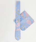 Asos Design Slim Tie & Pocket Square In Pink & Blue Floral