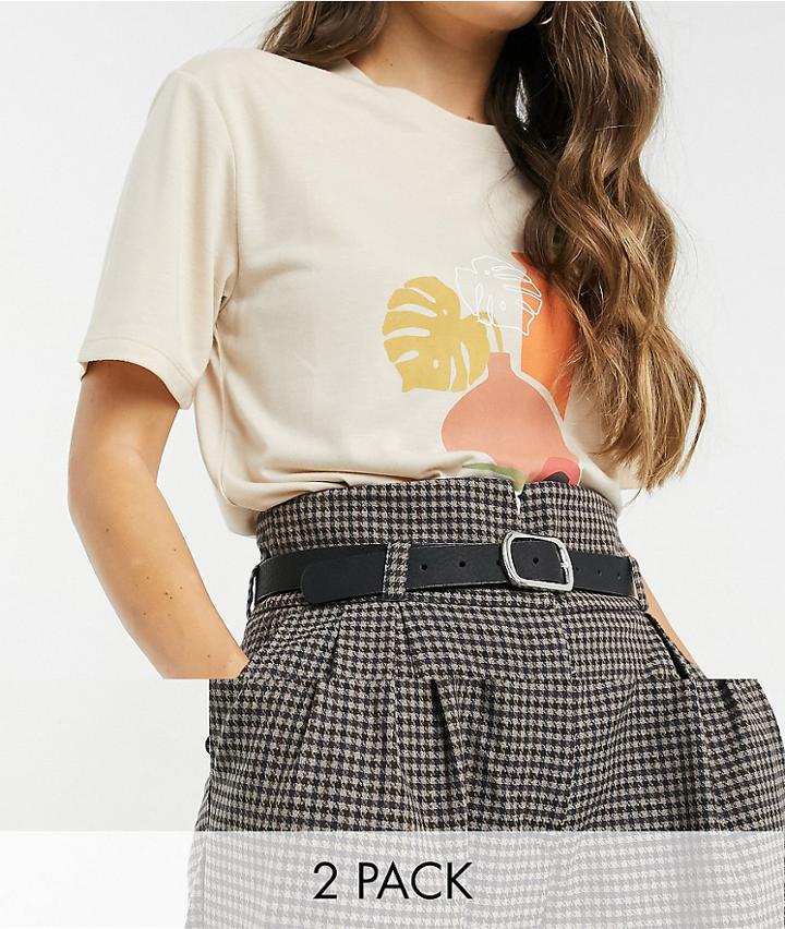 Asos Design 2 Pack Oval And Rectangle Buckle Waist And Hip Belt In Black