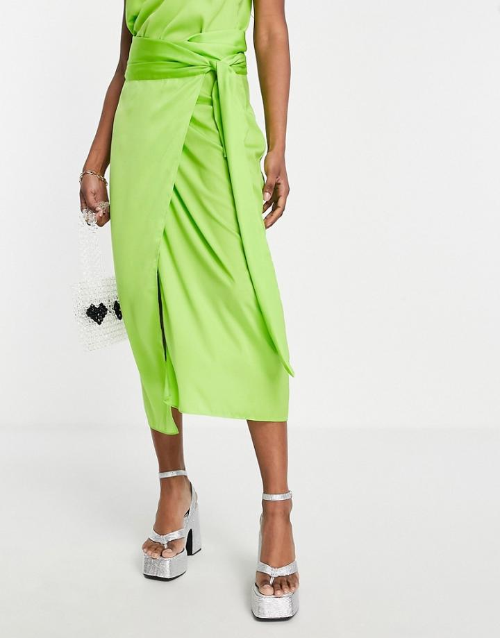 Style Cheat Satin Wrap Midi Skirt In Lime Green - Part Of A Set