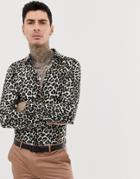 Devils Advocate Slim Fit Cotton Leopard Print Log Sleeve Shirt - Black