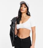 Asos Design Petite Off Shoulder Top With Shaped Hem In Rib In White