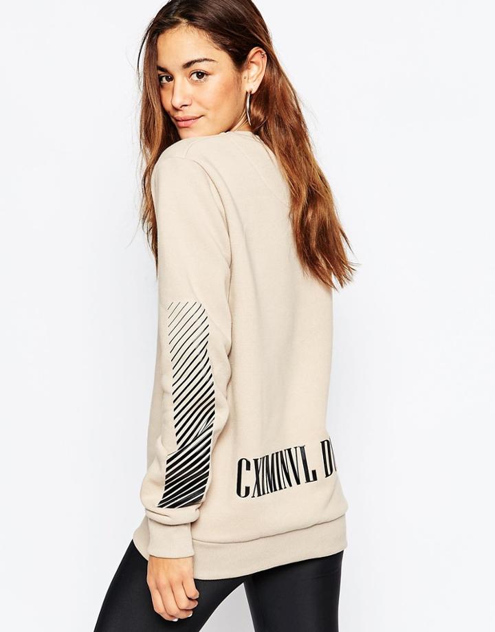 Criminal Damage Oversized Crew Neck Sweatshirt With Back Logo Print - Nude