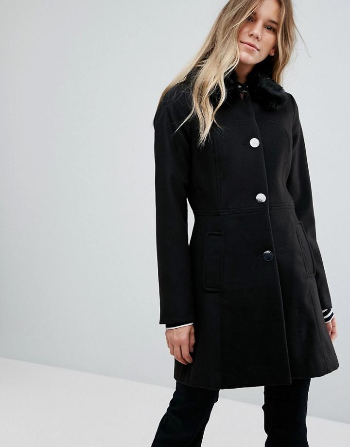 Oasis Faux Fur Collar Swing Coat - Black