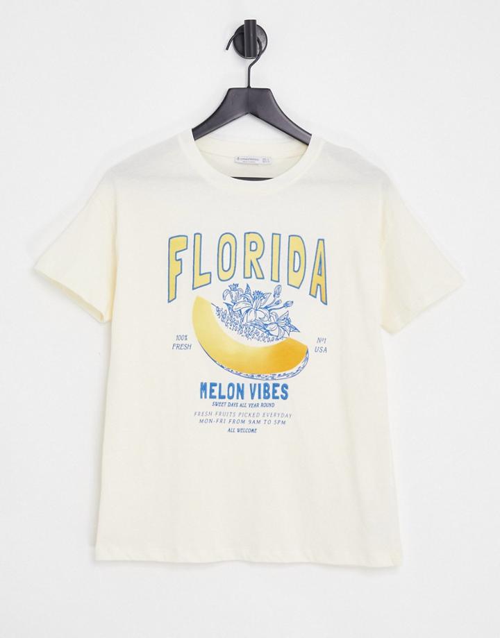 Stradivarius Retro Slogan Tee In Ecru-white