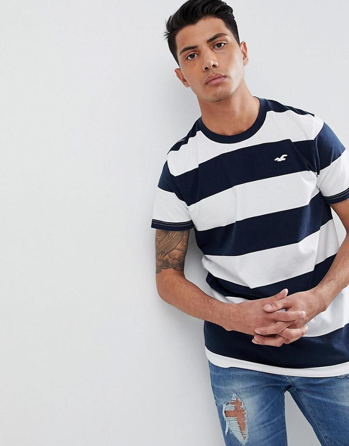 Hollister Longline Block Stripe Crewneck T-shirt Seagull Logo In Navy/white - Navy