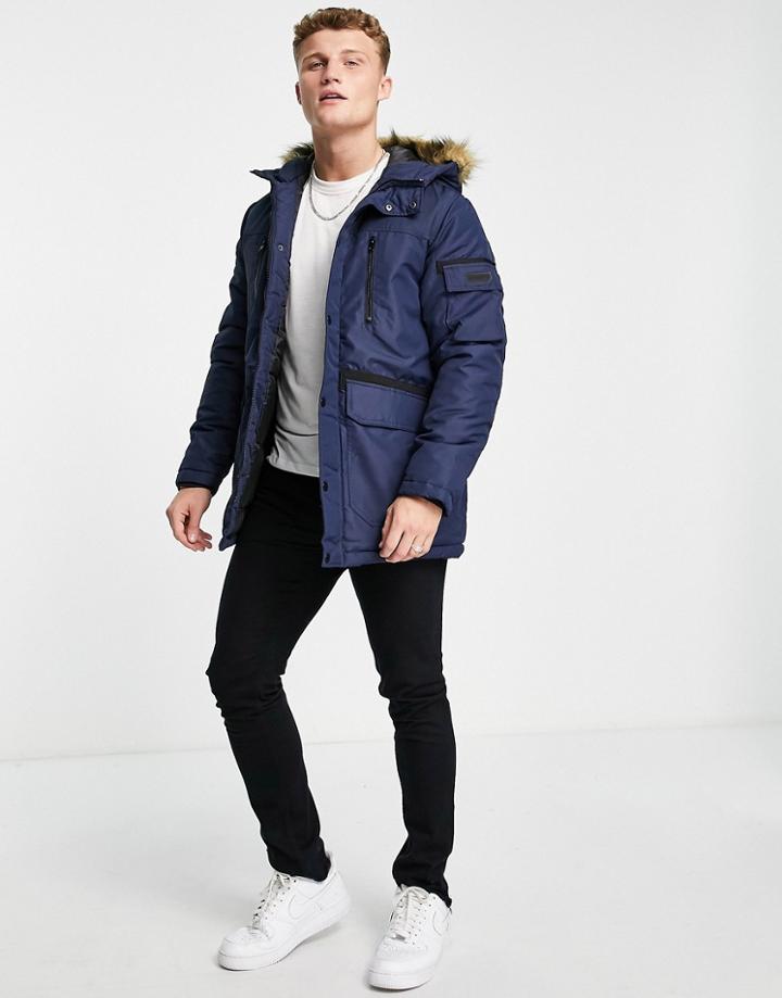 Jack & Jones Essentials Parka With Faux Fur Hood In Navy