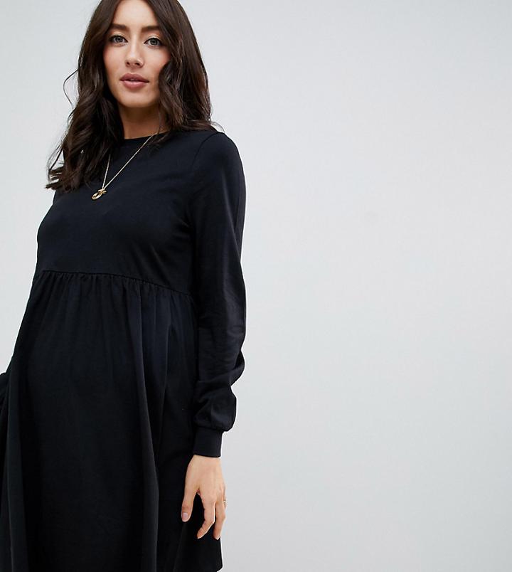 Asos Design Maternity Long Sleeve Cotton Smock Dress-black