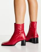 Asos Design Roberta Premium Leather Square Toe Boots In Red