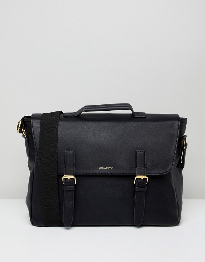 Asos Design Satchel In Black Faux Leather With Internal Laptop Pouch Gold Emboss And Double Straps - Black