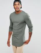Asos Rib Super Longline Muscle Long Sleeve T-shirt With Curved Hem In Khaki - Green