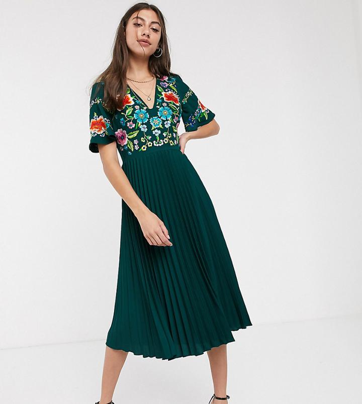 Asos Design Tall Pleated Embroidered Midi Dress
