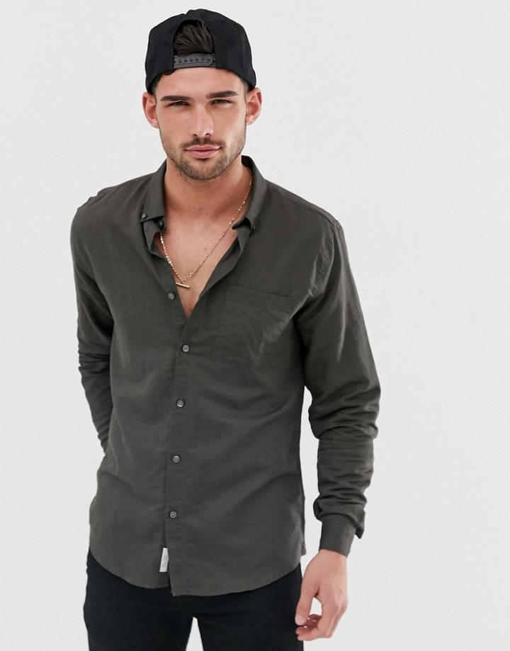 River Island Linen Shirt In Khaki - Green