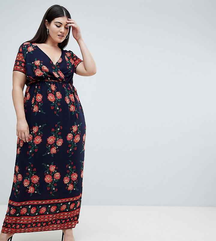 Club L Plus Wrap Front Border Printed Maxi Dress - Navy