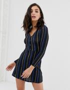 En Creme Button Front Skater Dress In Stripe-navy