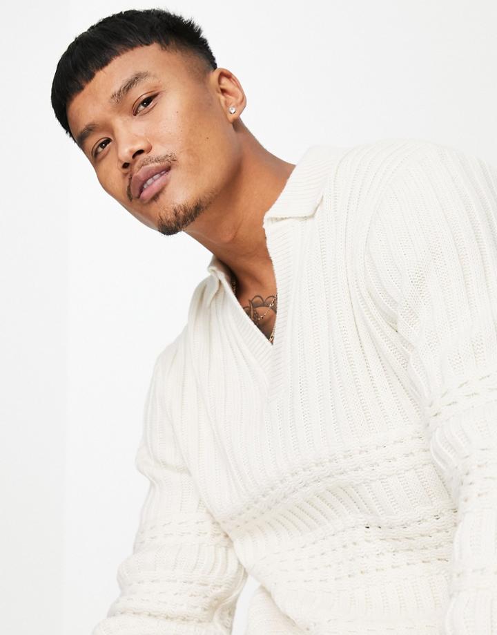 Asos Design Oversized Cable Knit Polo In Cream-brown