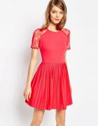Asos Pleat And Textured Mini Dress With Lace Inserts - Coral