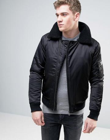 Born Rich Padded Bomber Jacket With Borg Fur Collar - Black