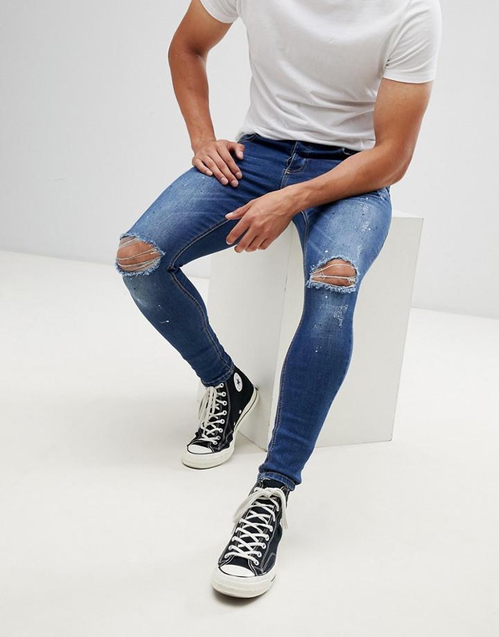 Kings Will Dream Super Skinny Jeans In Mid Wash With Paint Splatter - Blue