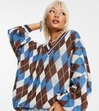 Noisy May Exclusive V Neck Sweater In Blue & Chocolate Argyle Print-multi
