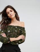 Ax Paris Bardot Top With Floral Print - Green