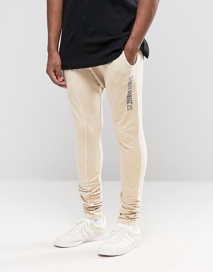 Criminal Damage Skinny Joggers With Drop Crotch - Beige
